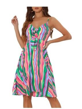Allegra K Women's Summer Sundress V Neck Tie Knot Front Swing Spaghetti Strap